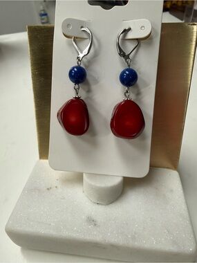 Red Coral and Blue Lapis natural stone Earrings - Women Jewelry